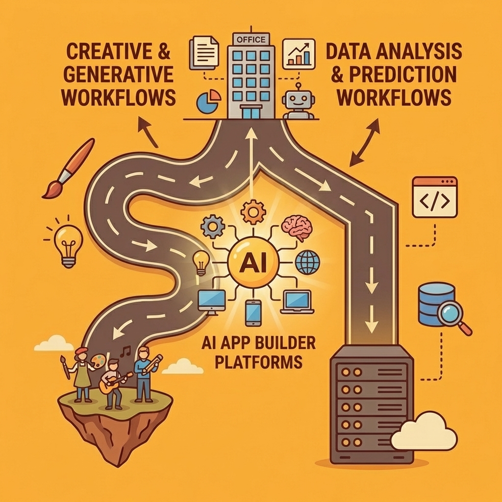 Central hub showing AI app builder platforms connected to different workflow types